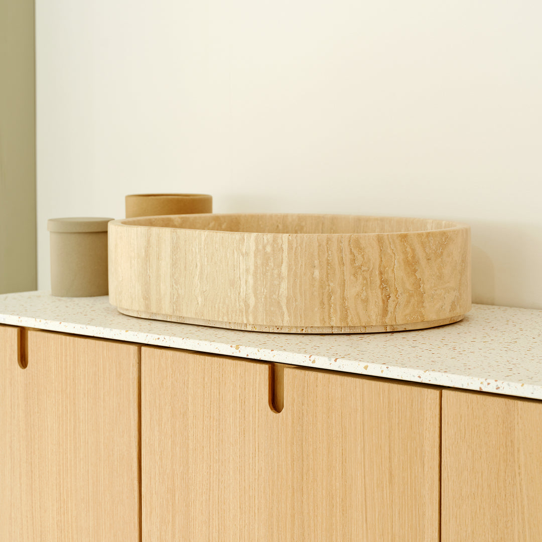 Houtmerk – Eclipse waskom Afgeronde Ovaal - Travertin natuursteen Wastafels Houtmerk