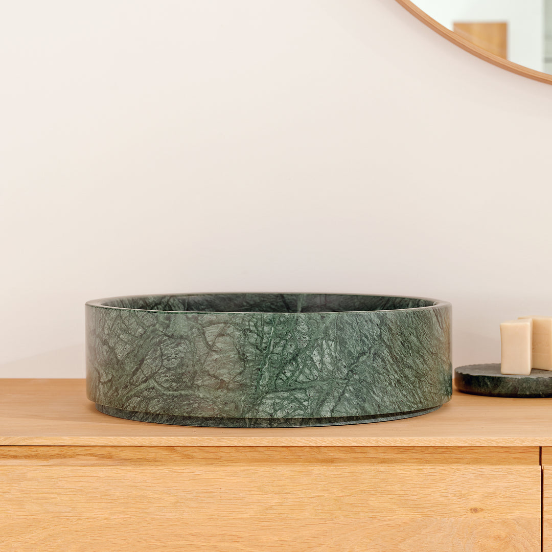 Houtmerk – Perla waskom Rond - Indian Green marmer Wastafels Houtmerk
