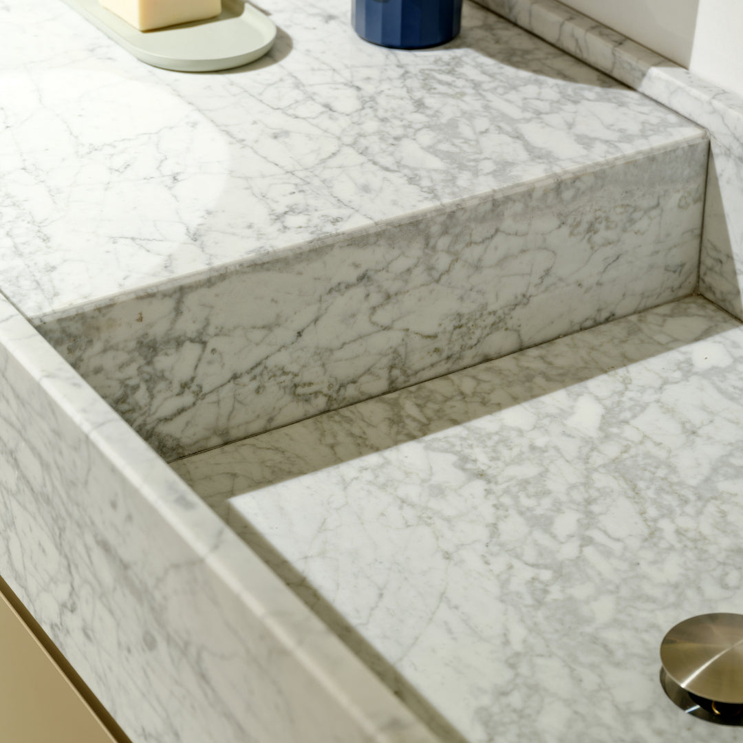 Houtmerk - Partout dubbele wastafel 180cm - Bianco Carrara marmer - Natuursteen uit voorraad Houtmerk