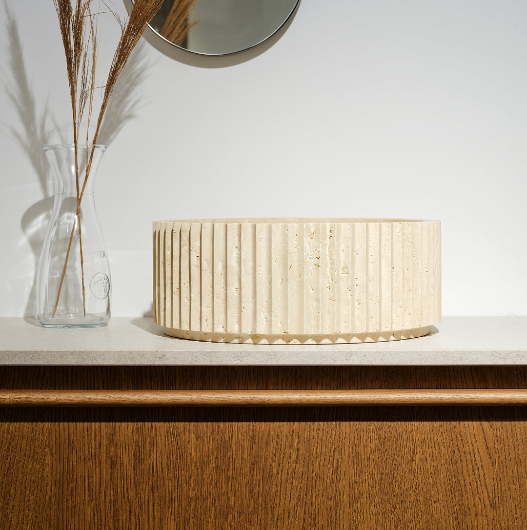 Houtmerk – Solis waskom Rond - Travertin natuursteen Wastafels Houtmerk