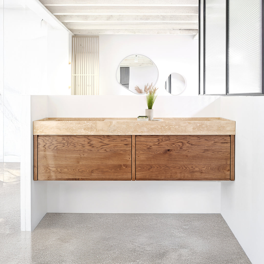 Houtmerk - Badmeubel Montana natuursteen wastafel - Houten lades en stenen wasbak Badmeubels Houtmerk