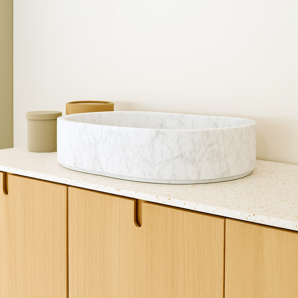 Houtmerk – Eclipse waskom Afgeronde ovaal - Carrara marmer Wastafels Houtmerk