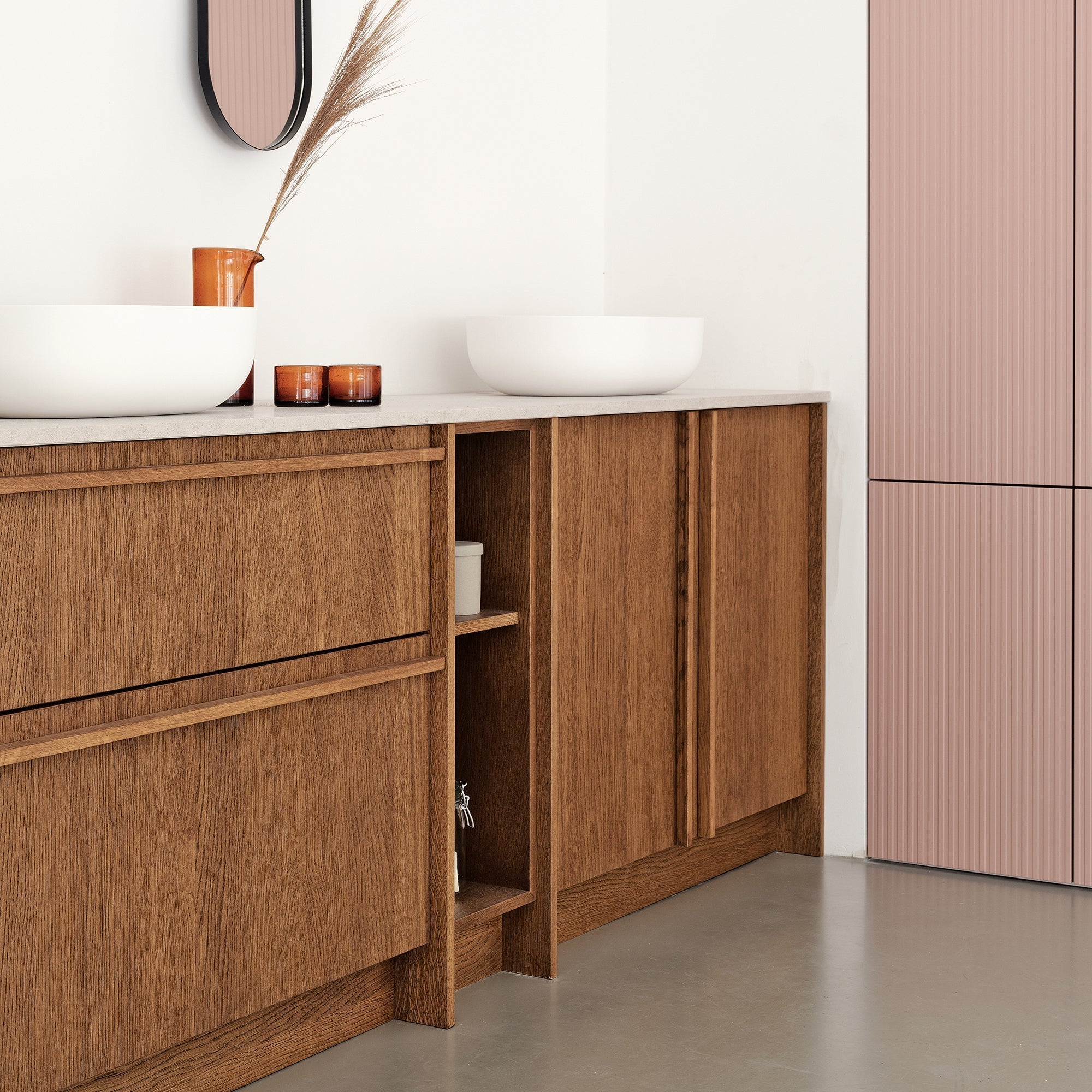 Houtmerk - Badmeubel Dudok - Houten lades, deuren en stenen blad - Zonder vak Badmeubels Houtmerk