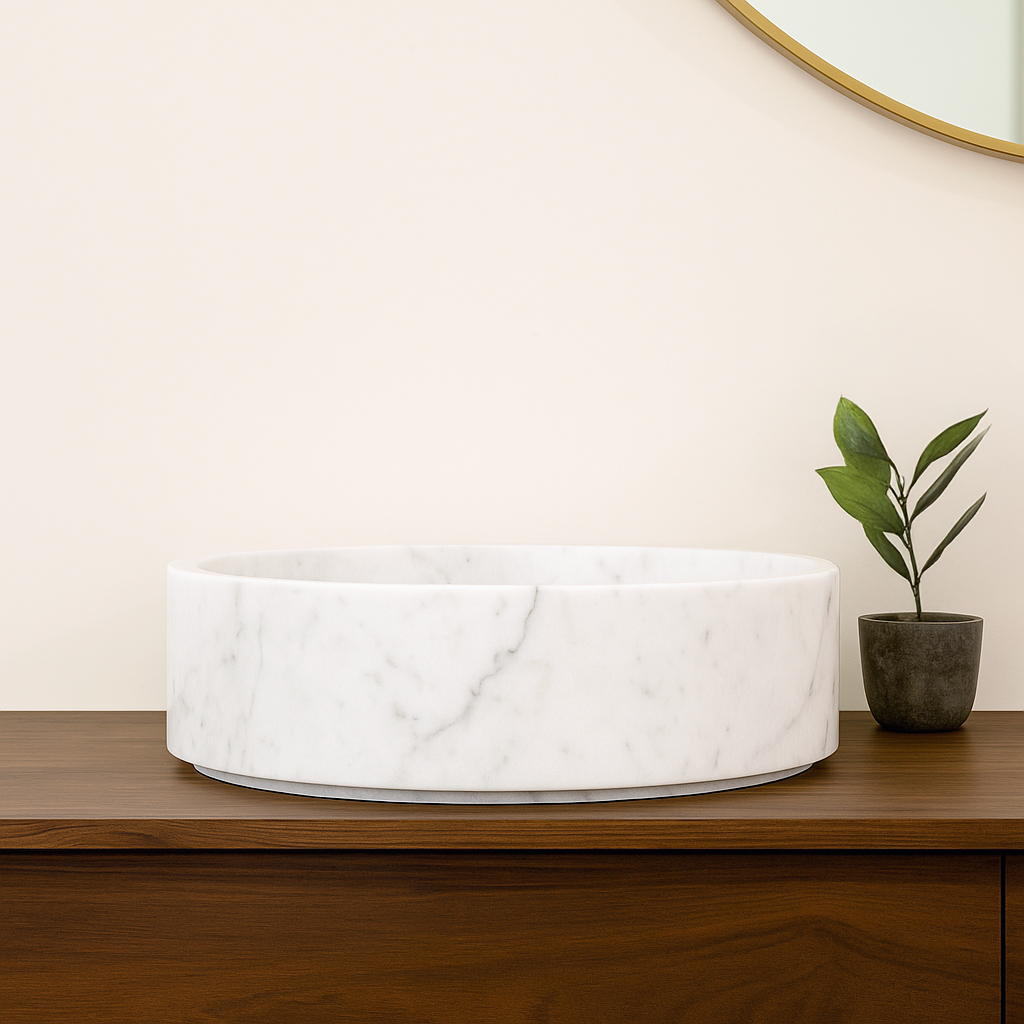 Houtmerk – Perla waskom Rond - Carrara natuursteen Wastafels Houtmerk