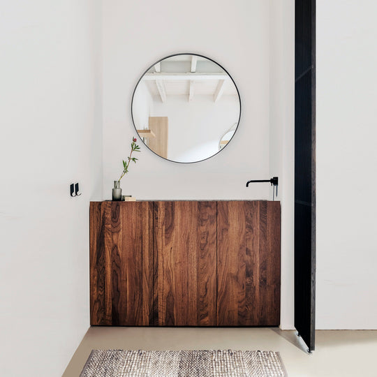 Houtmerk - Houten Badmeubel Niche - notenhout met verzonken natuursteen wastafel Badmeubels Houtmerk