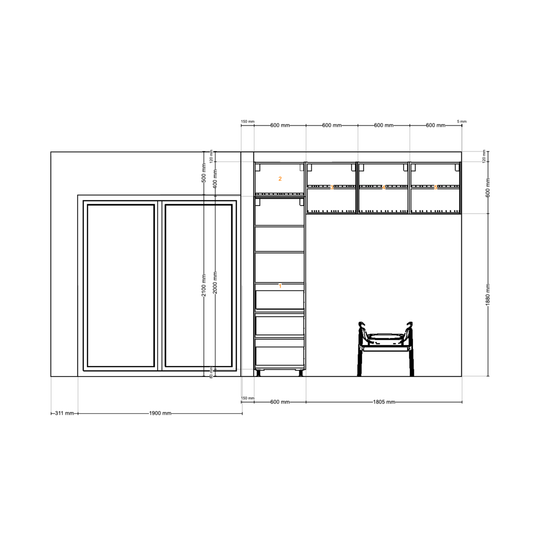 Houtmerk - Kast Flex 03 - Hoge kast met bureaublad en achterwand Kastcombinatie Houtmerk