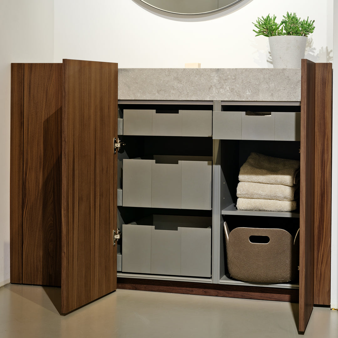 Houtmerk - Houten Badmeubel Niche - notenhout met verzonken natuursteen wastafel Badmeubels Houtmerk