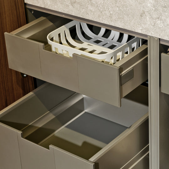 Houtmerk - Houten Badmeubel Niche - notenhout met verzonken natuursteen wastafel Badmeubels Houtmerk