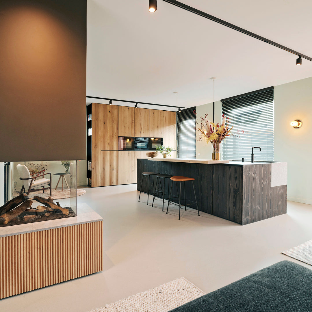 Houtmerk Domus® - Haardmeubel - Massief hout met Concreto steen Kasten Houtmerk