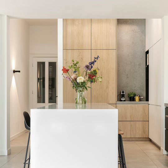 Houtmerk - Witte MDF Stollenwand - Overschilderbaar maatwerk Keukens Houtmerk