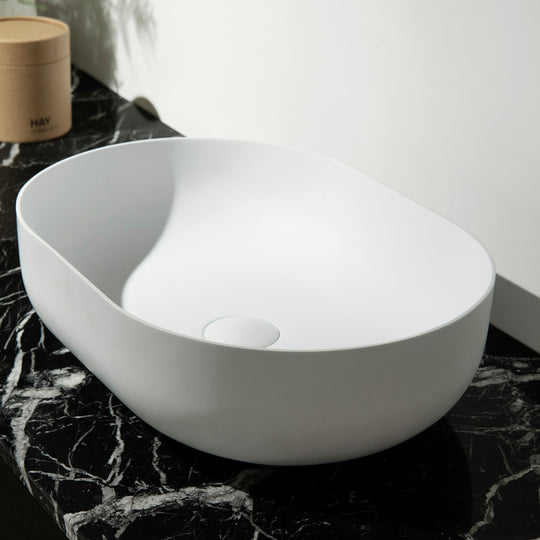 Houtmerk – Witte Waskom Oblong Solid Surface – Afgeronde Ovaal Wastafels Houtmerk