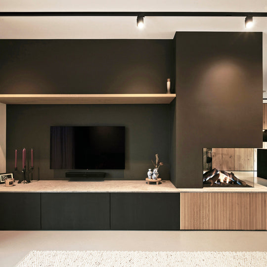 Houtmerk Domus® - Haardmeubel - Massief hout met Concreto steen Kasten Houtmerk