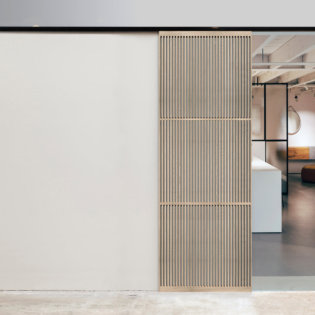 Houtmerk - Houten Roomdivider Stiletto - Met schuifrails wandmontage van 235cm tot 265cm hoog Roomdividers Houtmerk
