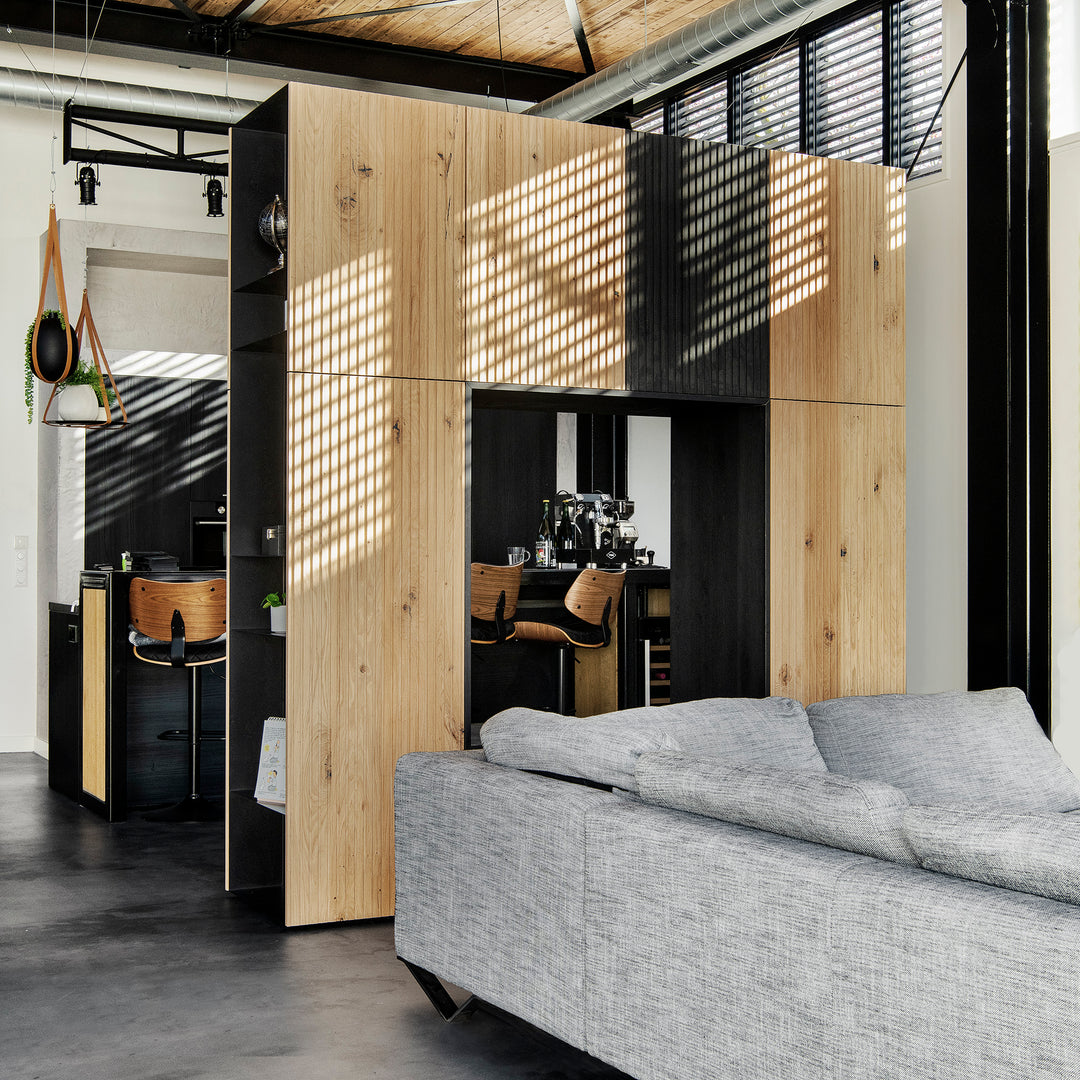 Houtmerk - Kast Buco 01 - Hoge kast met nis en zitelement Kastcombinatie Houtmerk