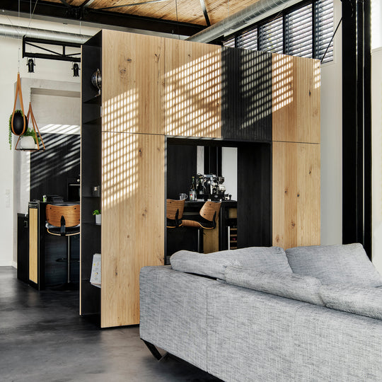 Houtmerk - Kast Buco 01 - Hoge kast met nis en zitelement Kastcombinatie Houtmerk