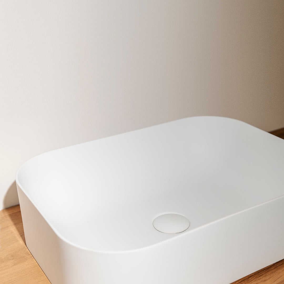 Houtmerk – Witte Waskom Circa Solid Surface – Afgeronde rechthoek Wastafels Houtmerk