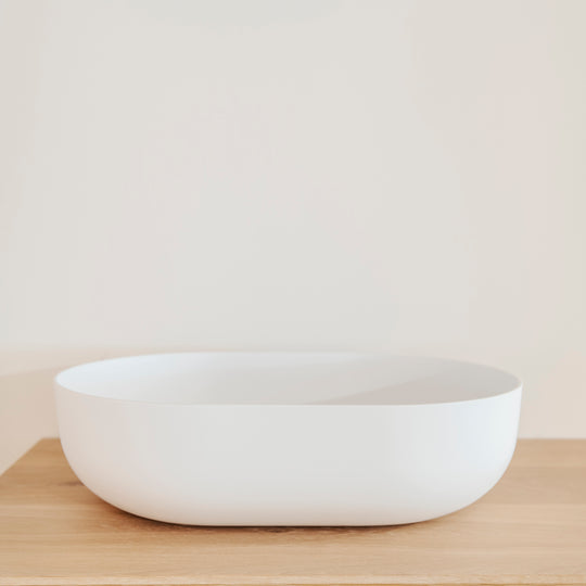 Houtmerk – Witte Waskom Oblong Solid Surface – Afgeronde Ovaal Wastafels Houtmerk