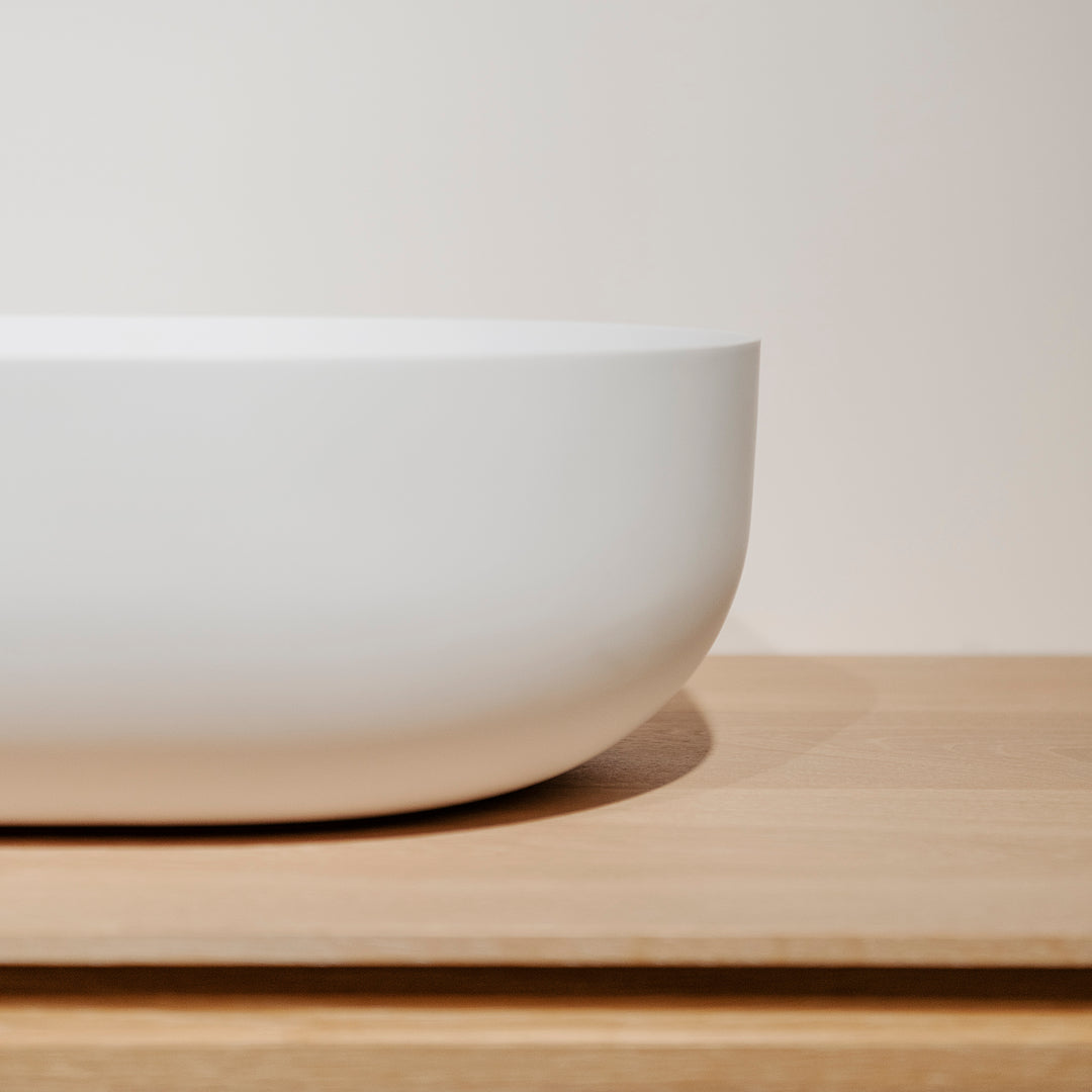 Houtmerk – Witte Waskom Oblong Solid Surface – Afgeronde Ovaal Wastafels Houtmerk