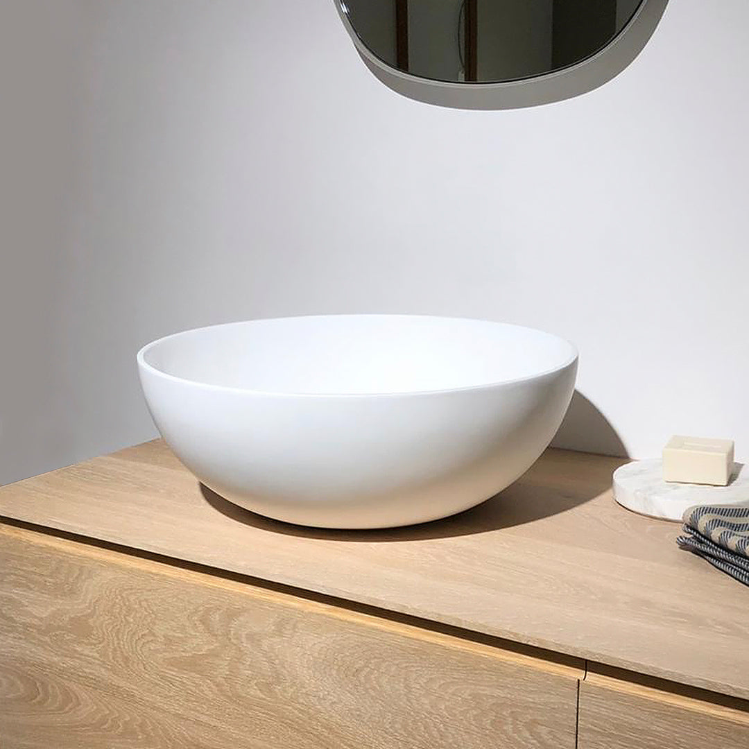 Houtmerk – Witte Waskom Delta Solid Surface – Rond Wastafels Houtmerk