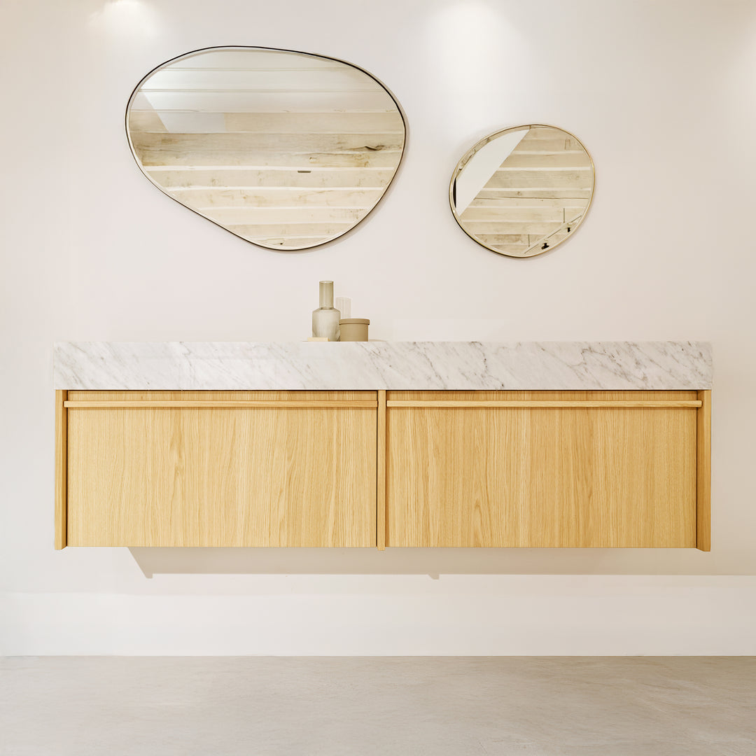 Houtmerk - Badmeubel Lovant natuursteen wastafel - Dubbele houten lades en stenen wasbak Badmeubels Houtmerk