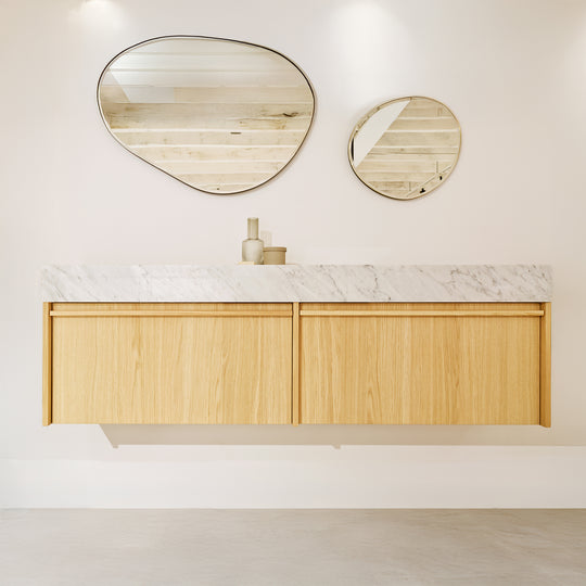 Houtmerk - Badmeubel Lovant natuursteen wastafel - Dubbele houten lades en stenen wasbak Badmeubels Houtmerk