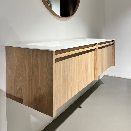 Houtmerk - Badmeubel Lovant witte wastafel - Houten lades en Solid Surface wasbak Badmeubels Houtmerk