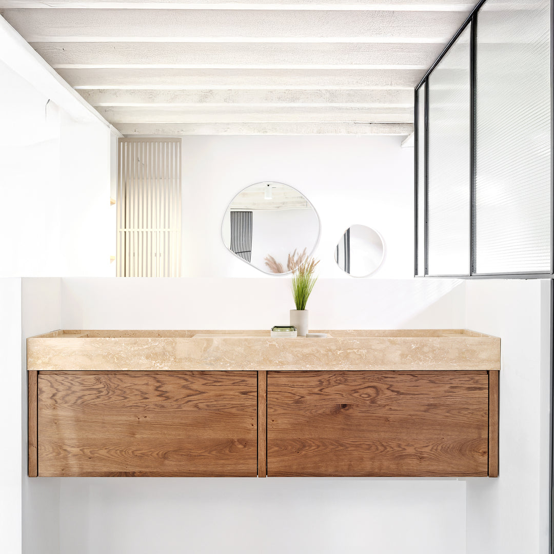 Houtmerk - Partout dubbele wastafel 135cm - Travertin - Natuursteen uit voorraad Houtmerk