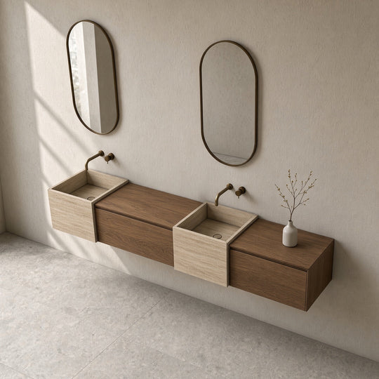 Houtmerk - Houten Badmeubel Malaga met natuursteen wastafel - Massief hout maatwerk