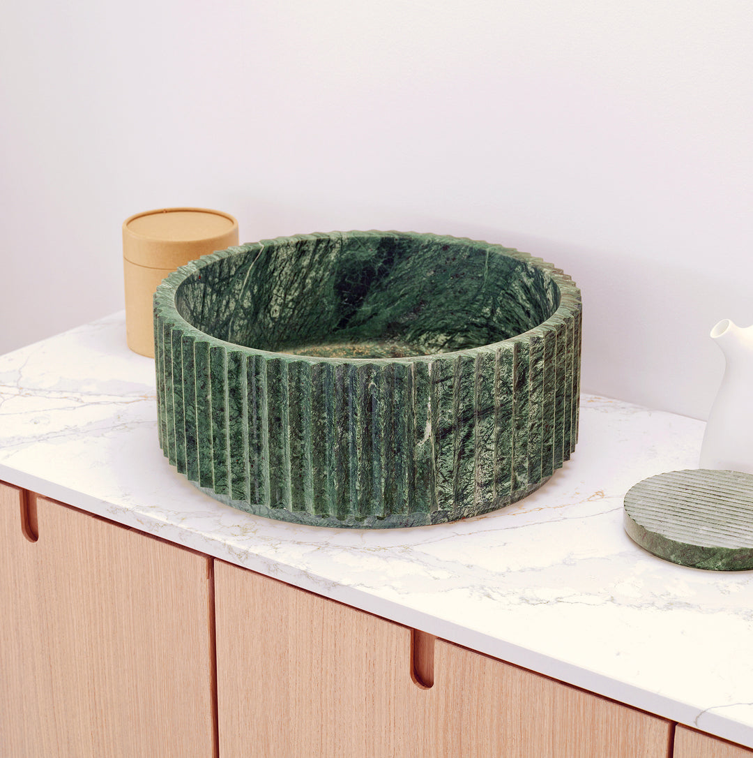 Houtmerk – Solis waskom Rond - Indian Green marmer Wastafels Houtmerk