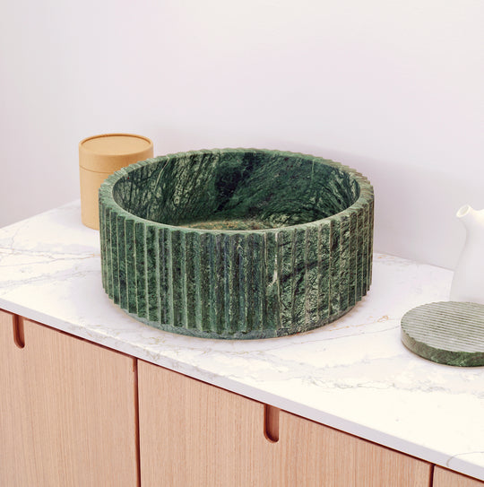 Houtmerk – Solis waskom Rond - Indian Green marmer Wastafels Houtmerk