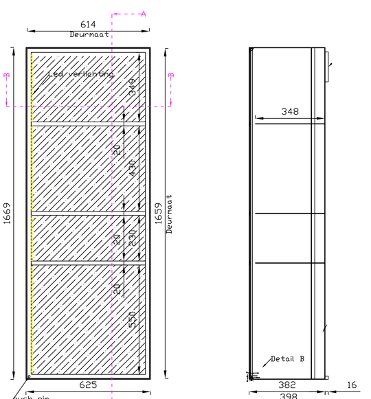 GERESERVEERD Vitrinekast Plato - Zwart gecoat plaatstaal 182x62cm - SALE Wandplanken Houtmerk