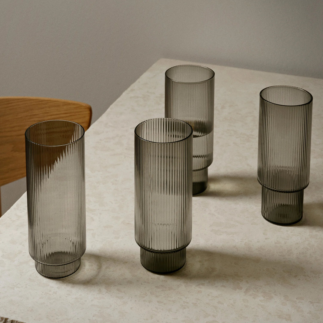 Ferm Living Ripple Long Drink Glasses Smoke - Rookglas - Mondgeblazen Longdrinkglazen - Houtmerk - SALE