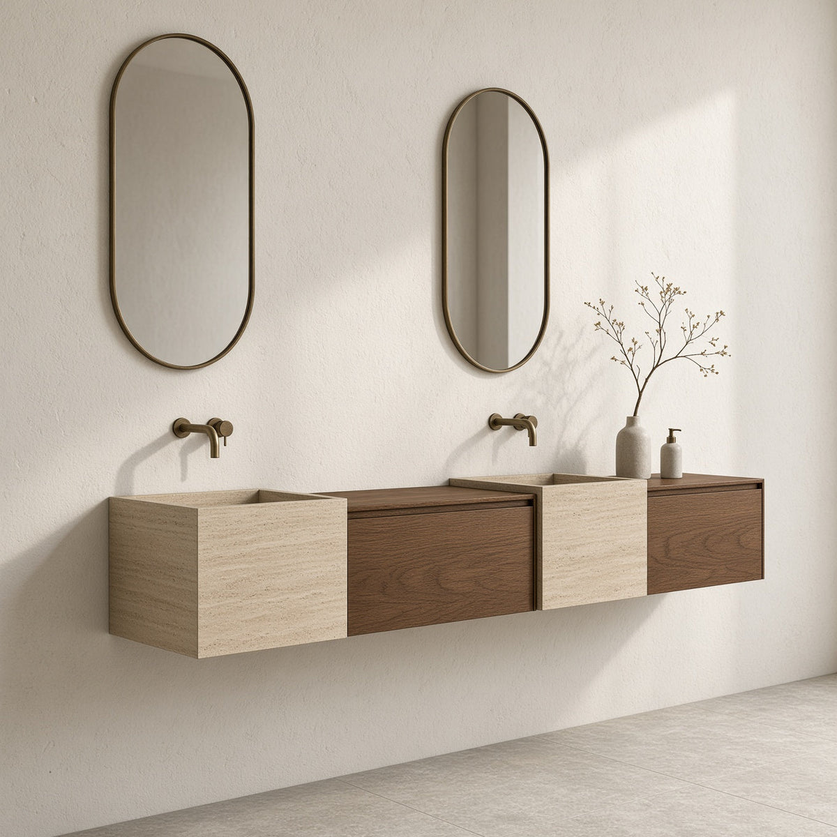 Houtmerk - Houten Badmeubel Malaga met natuursteen wastafel - Massief hout maatwerk Badmeubels Houtmerk