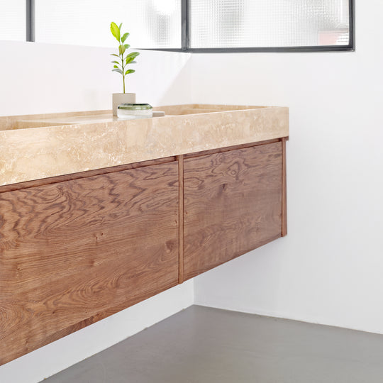 Houtmerk - Partout dubbele wastafel 135cm - Travertin - Natuursteen uit voorraad Houtmerk