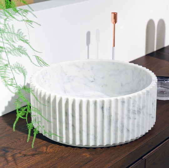 Houtmerk – Solis waskom Rond - Carrara marmer Wastafels Houtmerk