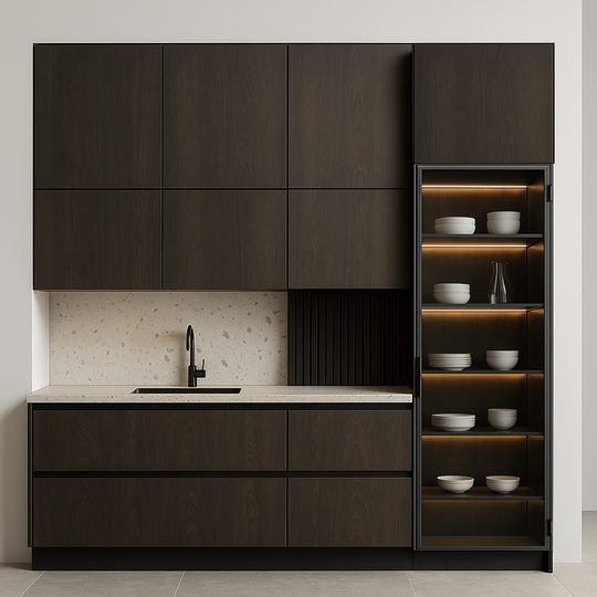 GERESERVEERD Vitrinekast Plato - Zwart gecoat plaatstaal 182x62cm - SALE Wandplanken Houtmerk