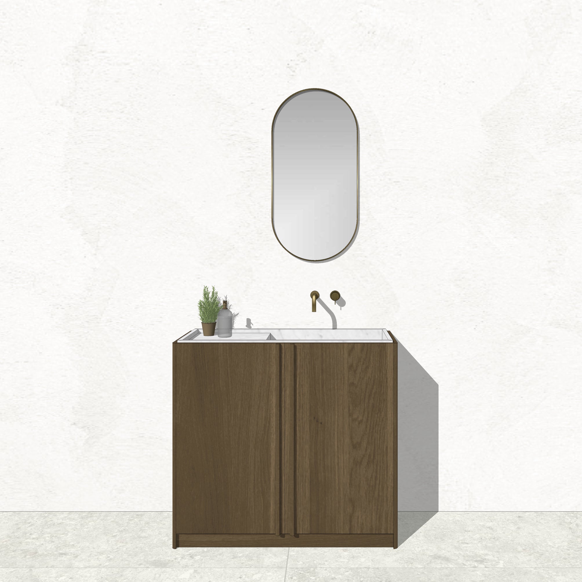 Houtmerk - Staand houten Badmeubel Rouleaux - Afgerond hout met natuursteen wastafel Badmeubels Houtmerk