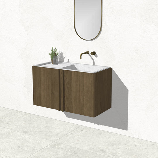 Houtmerk - Zwevend houten Badmeubel Rouleaux - Afgerond hout met natuursteen wastafel Badmeubels Houtmerk