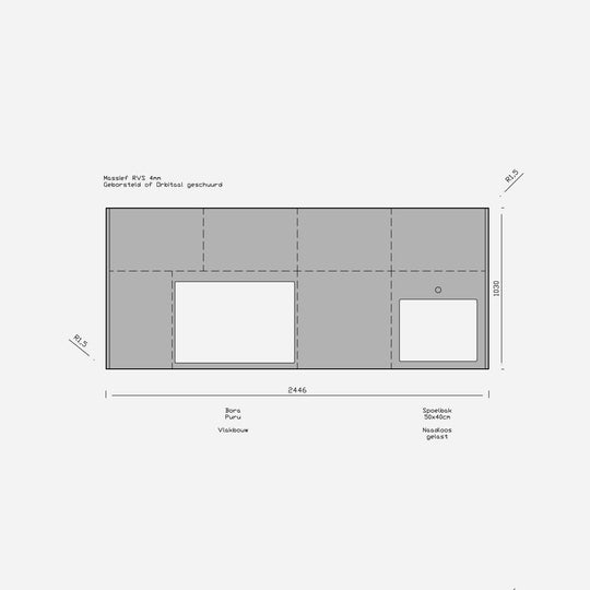 Houtmerk - RVS keukenblad 245x105 - Werkblad roestvrijstaal Orbitaal Houtmerk