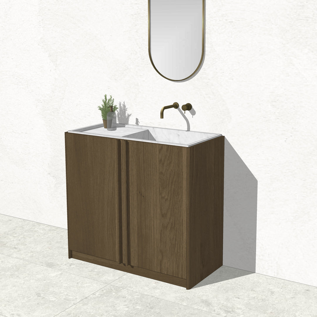 Houtmerk - Staand houten Badmeubel Rouleaux - Afgerond hout met natuursteen wastafel Badmeubels Houtmerk