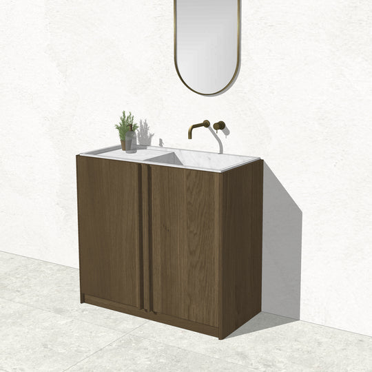 Houtmerk - Staand houten Badmeubel Rouleaux - Afgerond hout met natuursteen wastafel Badmeubels Houtmerk