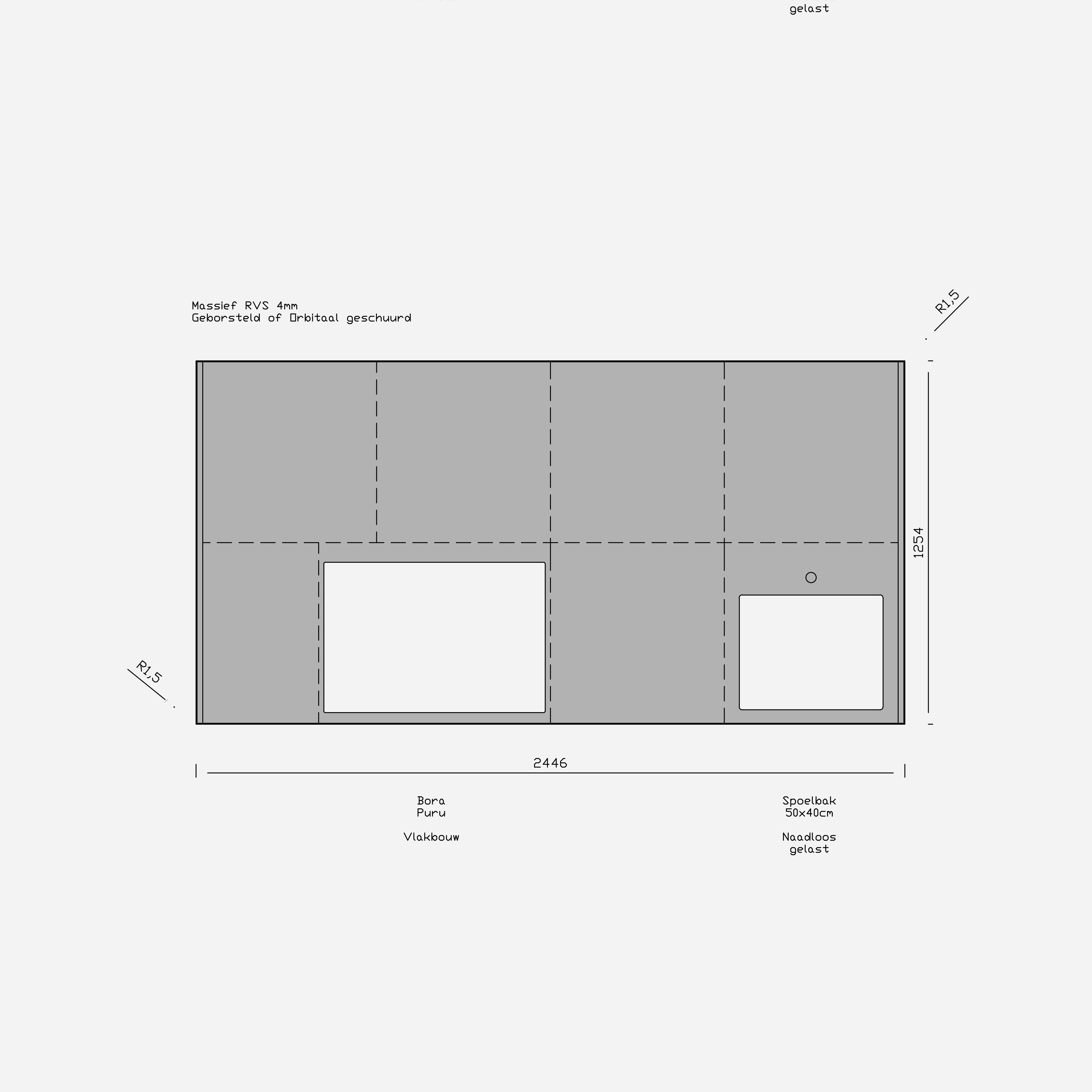 Houtmerk - RVS keukenblad 245x125 - Werkblad roestvrijstaal Orbitaal Houtmerk