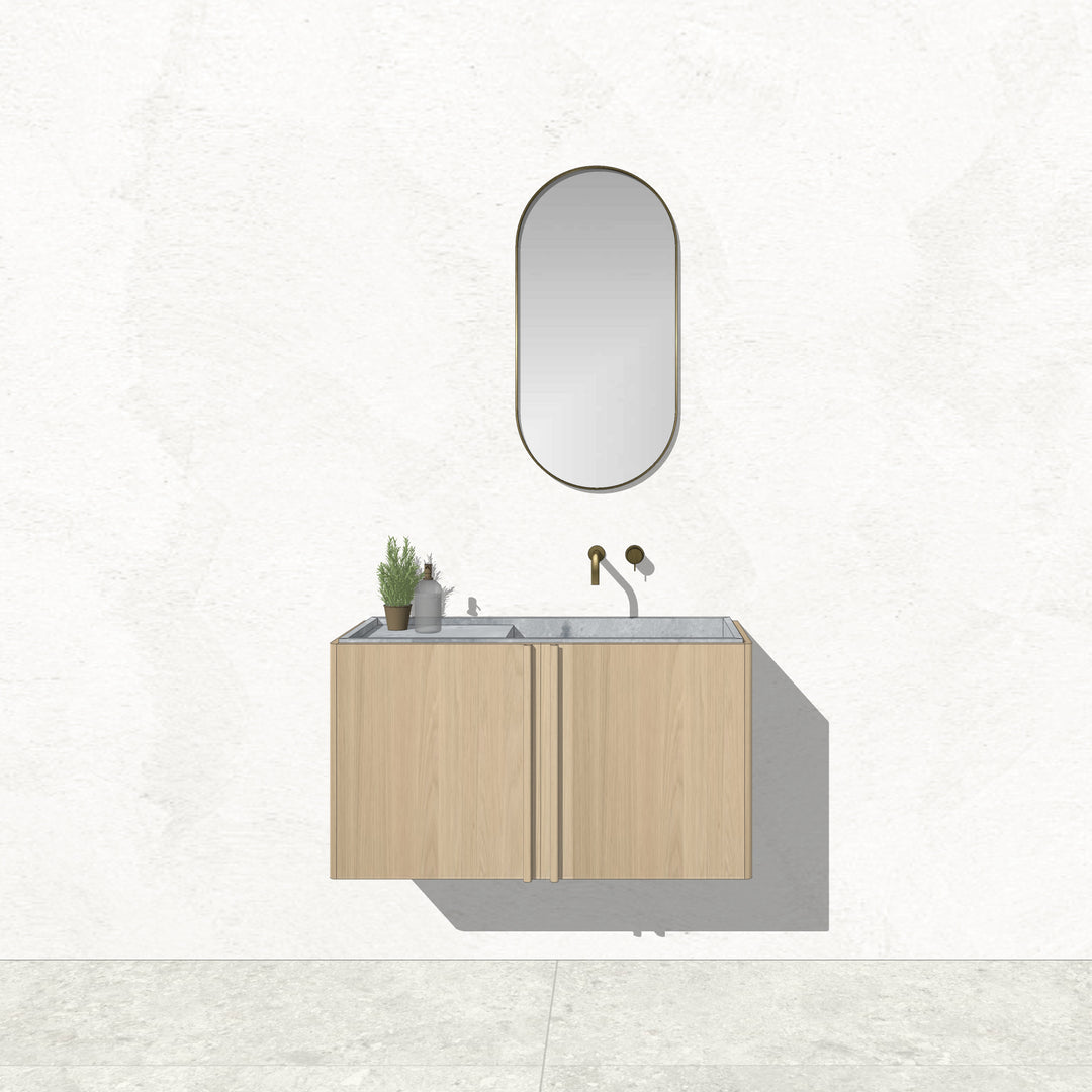 Houtmerk - Zwevend houten Badmeubel Rouleaux - Afgerond hout met natuursteen wastafel Badmeubels Houtmerk