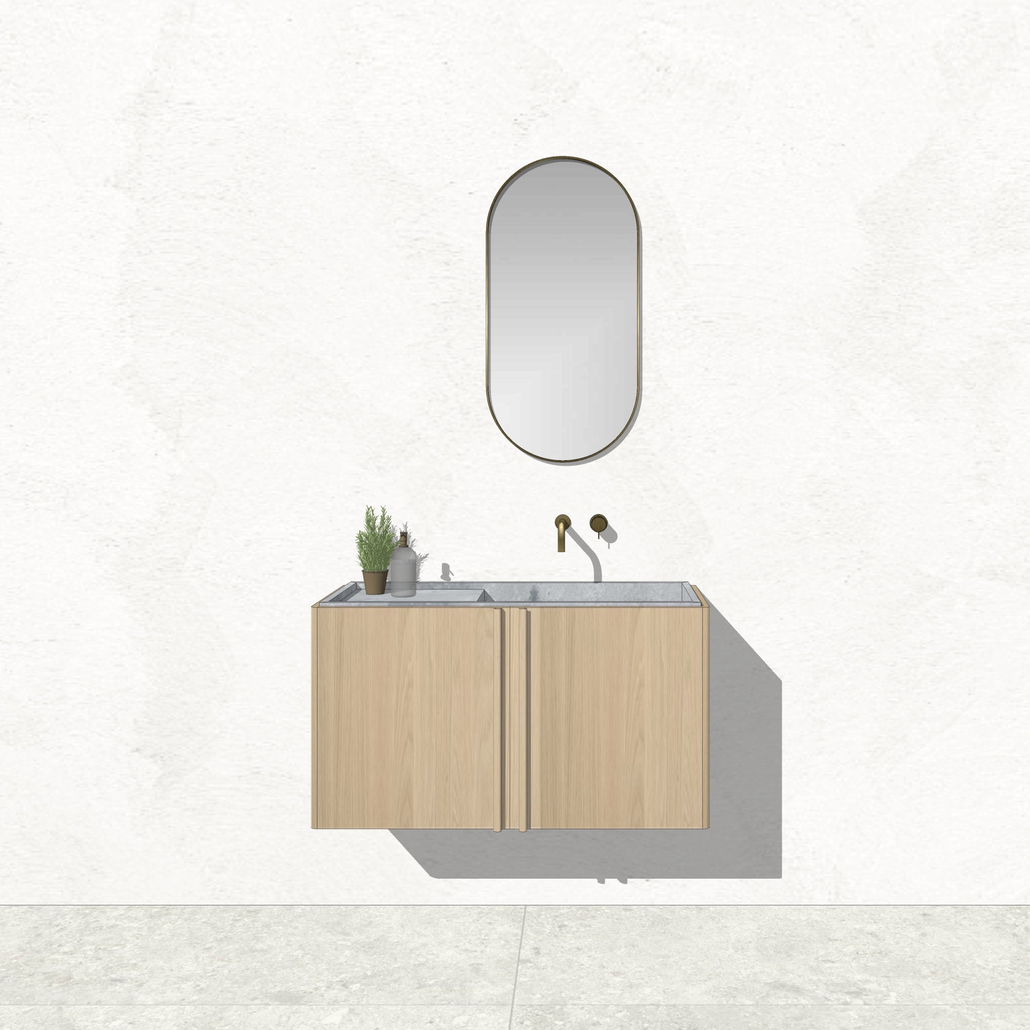 Houtmerk - Zwevend houten Badmeubel Rouleaux - Afgerond hout met natuursteen wastafel Badmeubels Houtmerk