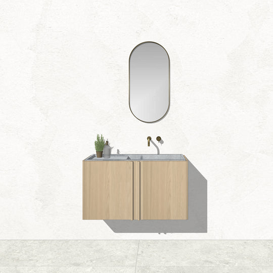 Houtmerk - Zwevend houten Badmeubel Rouleaux - Afgerond hout met natuursteen wastafel Badmeubels Houtmerk