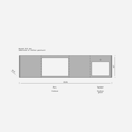 Houtmerk - RVS keukenblad 265x65 - Werkblad roestvrijstaal Orbitaal Houtmerk