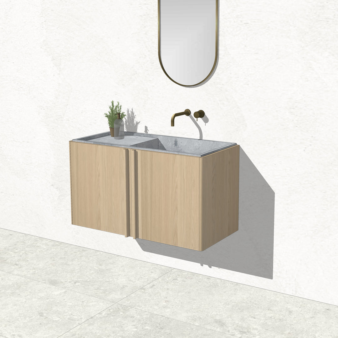 Houtmerk - Zwevend houten Badmeubel Rouleaux - Afgerond hout met natuursteen wastafel Badmeubels Houtmerk