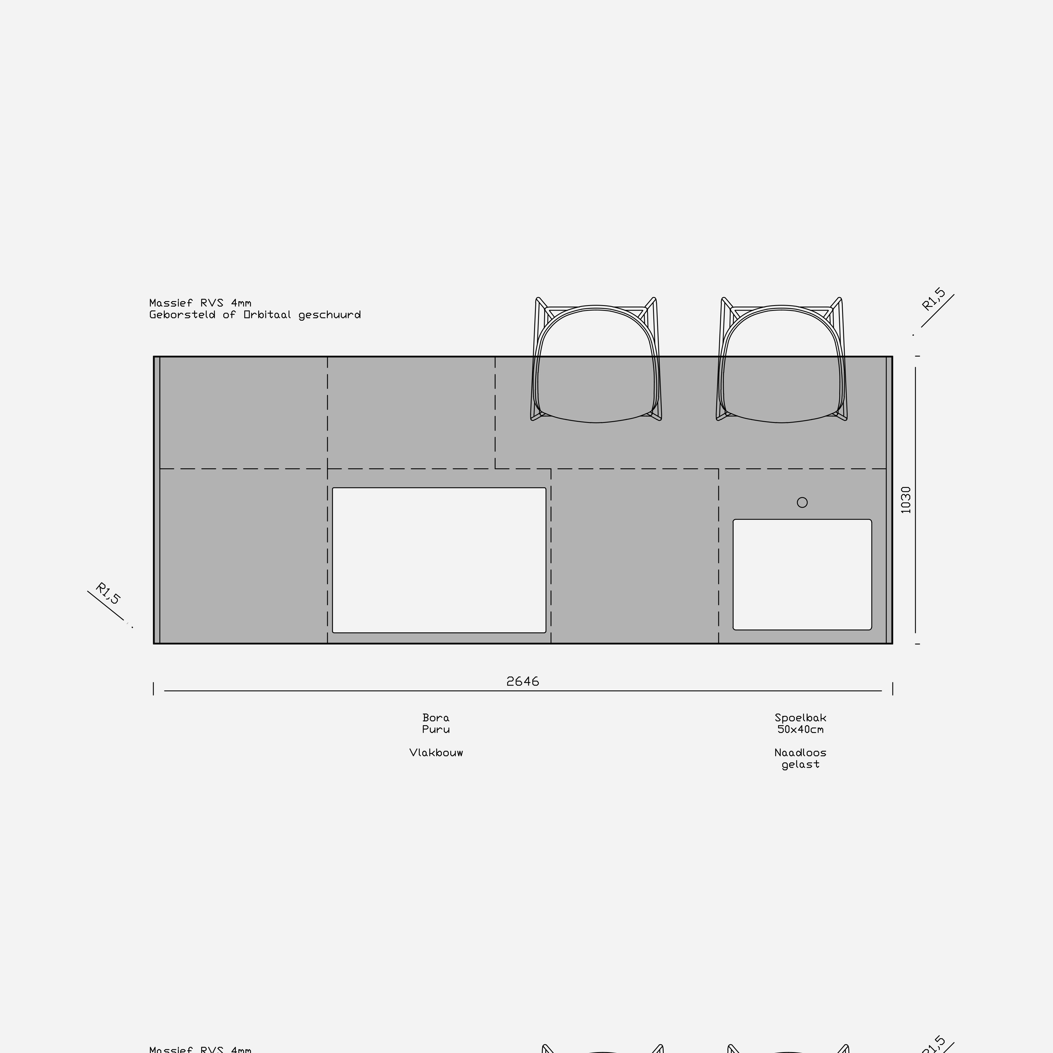 Houtmerk - RVS keukenblad 265x105 - Werkblad roestvrijstaal Orbitaal Houtmerk