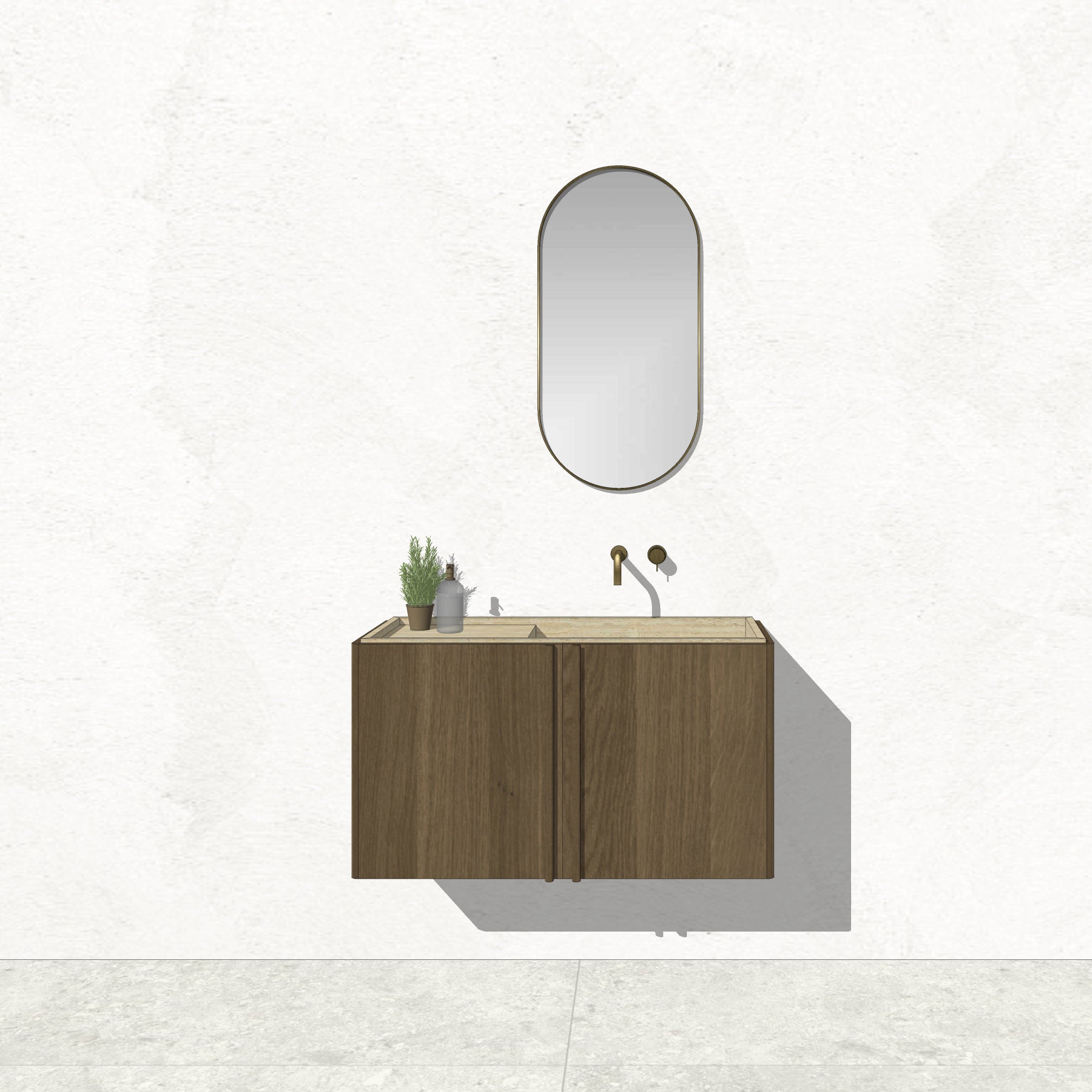 Houtmerk - Zwevend houten Badmeubel Rouleaux - Afgerond hout met natuursteen wastafel Badmeubels Houtmerk