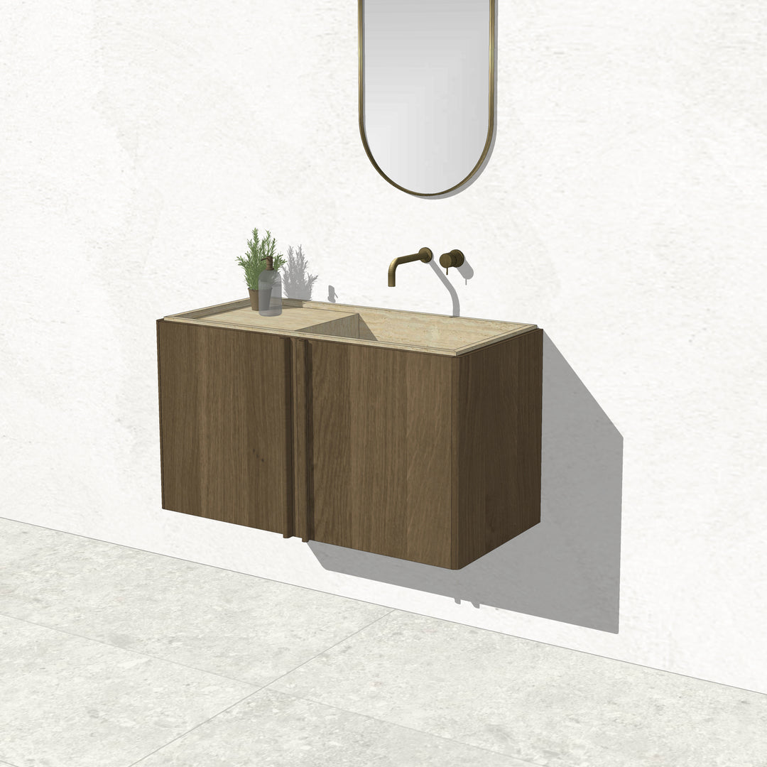 Houtmerk - Zwevend houten Badmeubel Rouleaux - Afgerond hout met natuursteen wastafel Badmeubels Houtmerk